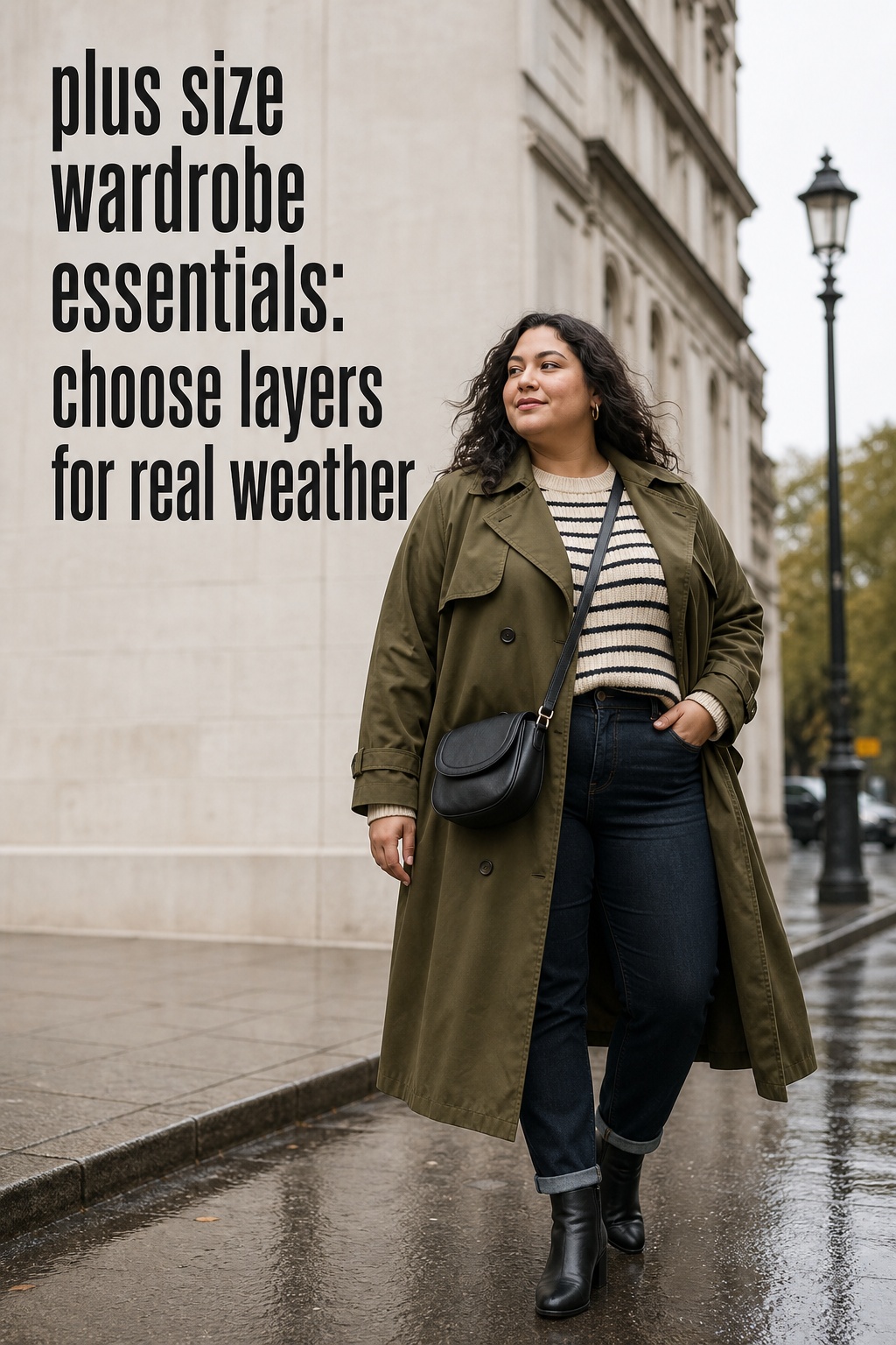 plus size wardrobe essentials with an olive trench, striped knit, dark jeans, and boots