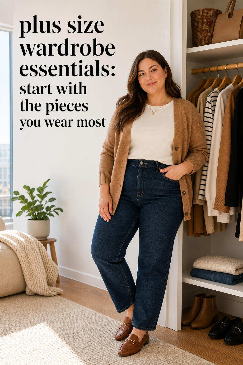plus size wardrobe essentials starting with a cream tee, dark jeans, and camel cardigan