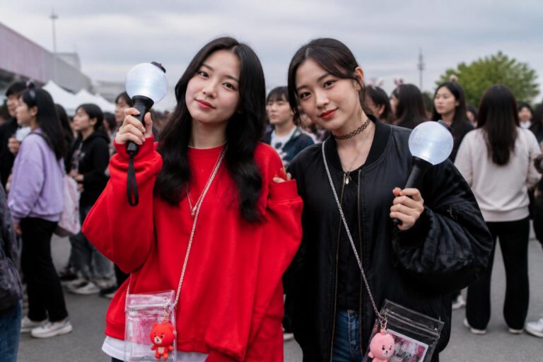 Polished bts concert outfit with red sweatshirt, denim jacket, and photocard holder for a comfortable concert-ready look