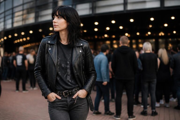 Rock concert outfit with black band tee, leather jacket, ripped jeans, and combat boots at an indoor venue