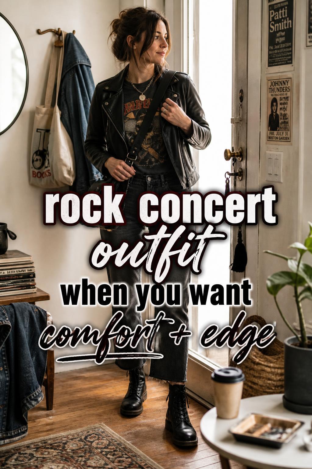 Rock concert outfit with vintage band tee, black leather jacket, dark jeans and boots in a lived-in entryway