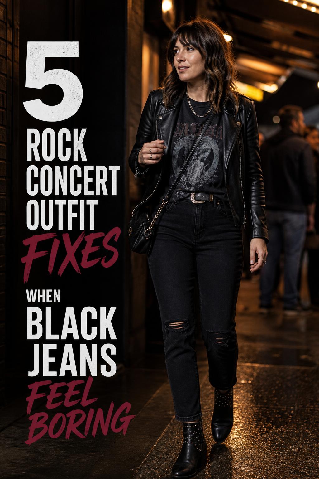 Rock concert outfit with leather jacket, band tee and black jeans on a city sidewalk outside a venue at night
