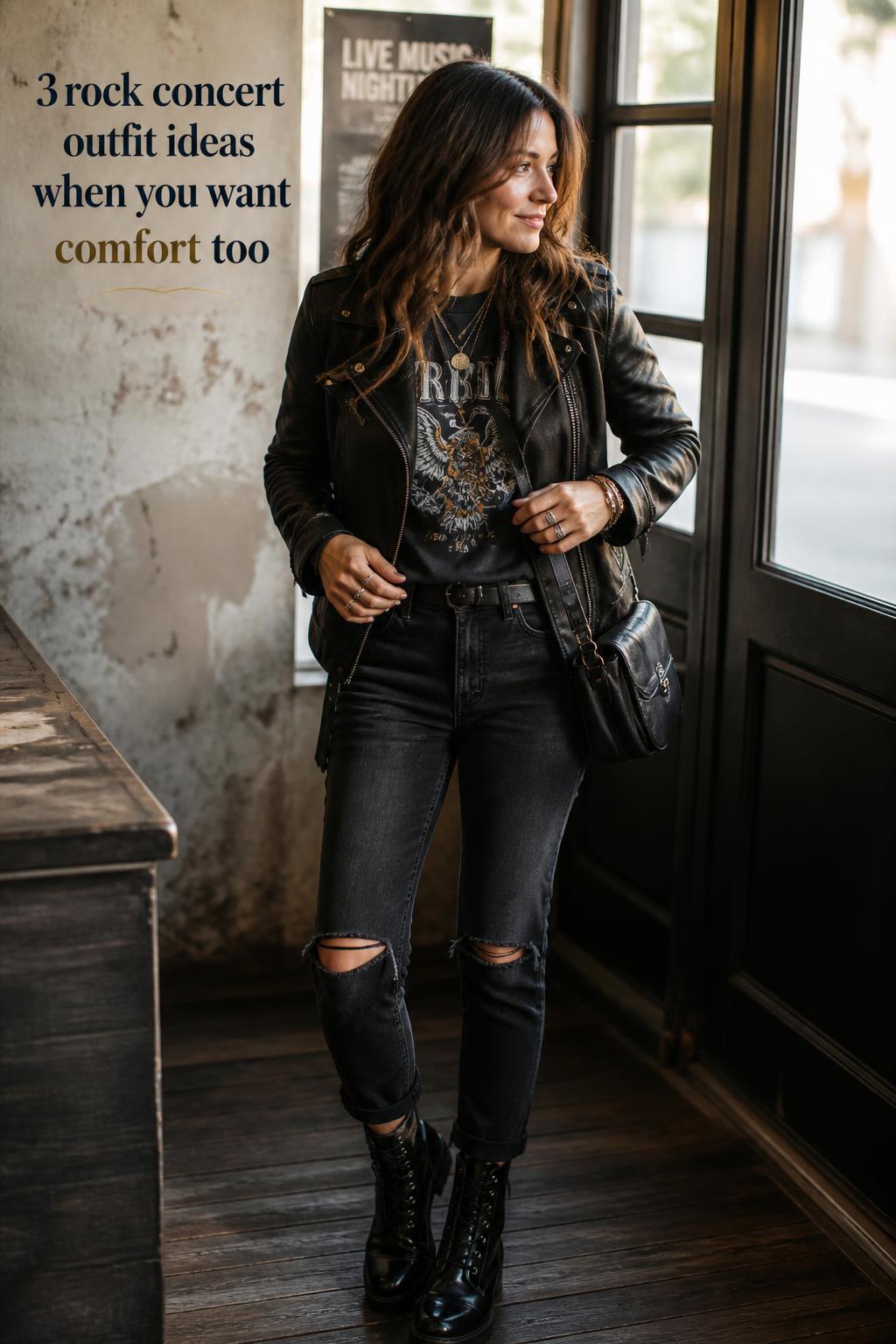 Rock concert outfit on a stylish woman in leather jacket and vintage band tee, candid pre-show moment near a venue entrance