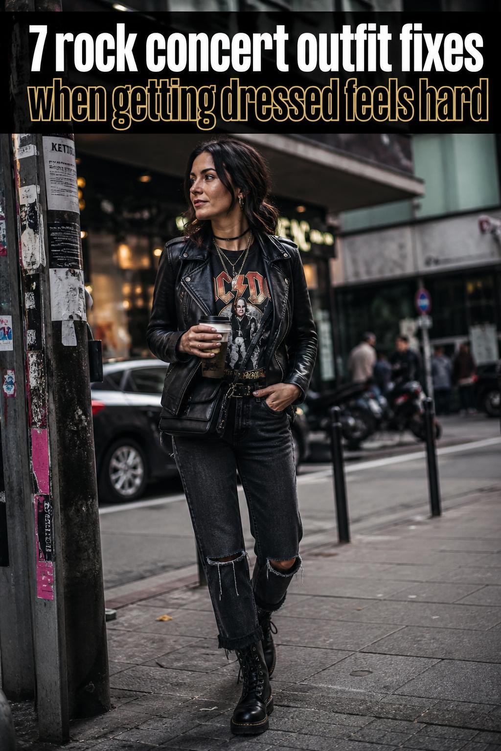 Rock concert outfit featuring a black leather jacket, band tee, ripped jeans, and ankle boots under stage lights