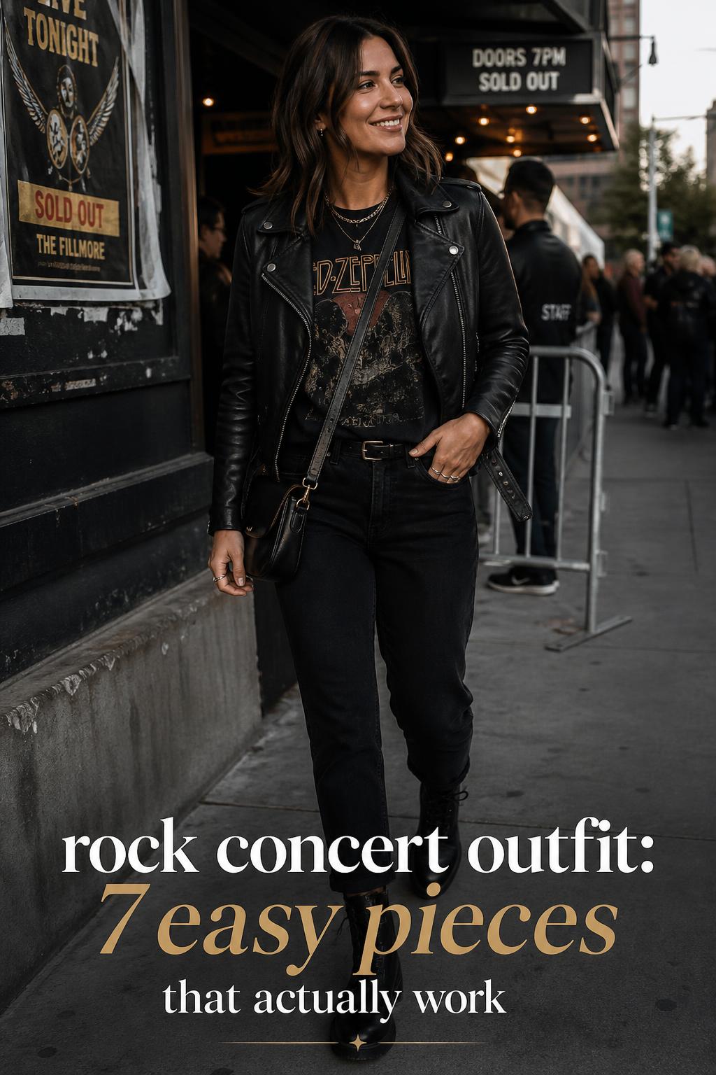 Rock concert outfit on an adult outside a music venue at blue hour, leather jacket, band tee, black jeans, boots, crossbody bag