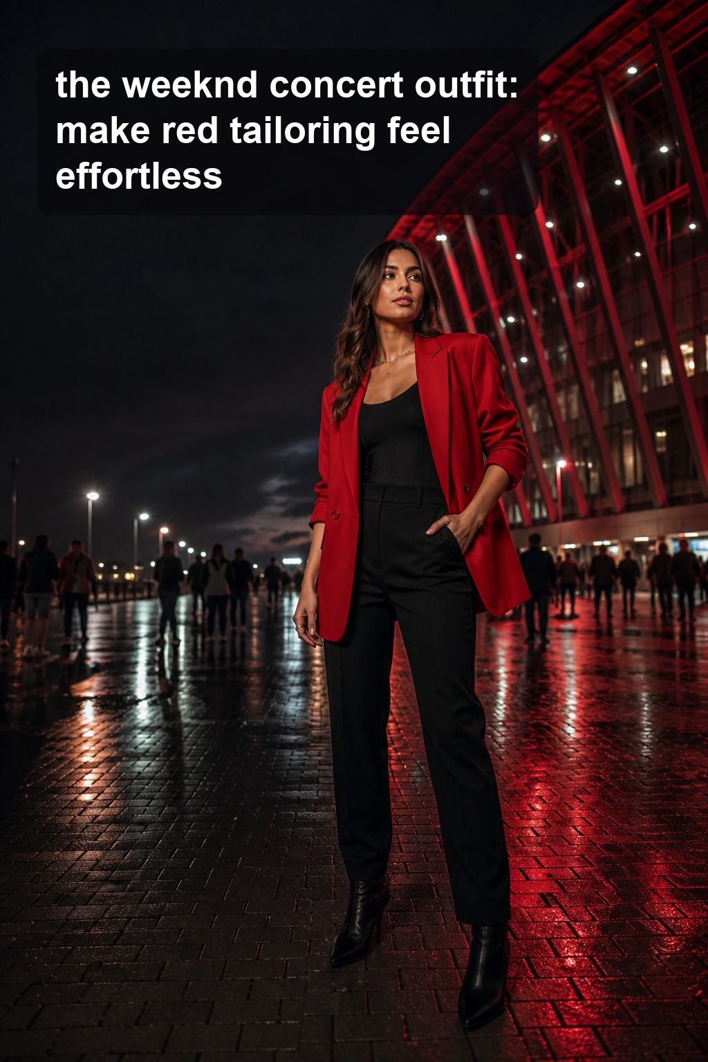 the weeknd concert outfit with a red blazer, black trousers, and ankle boots