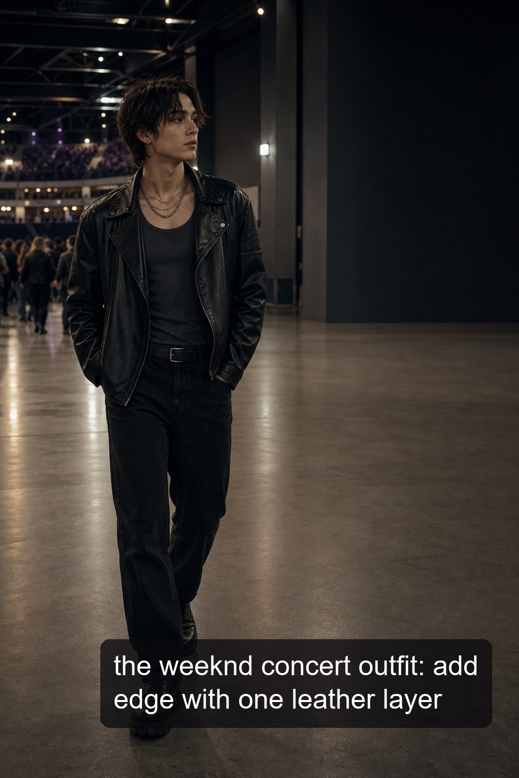 the weeknd concert outfit with a black leather jacket and rugged boots
