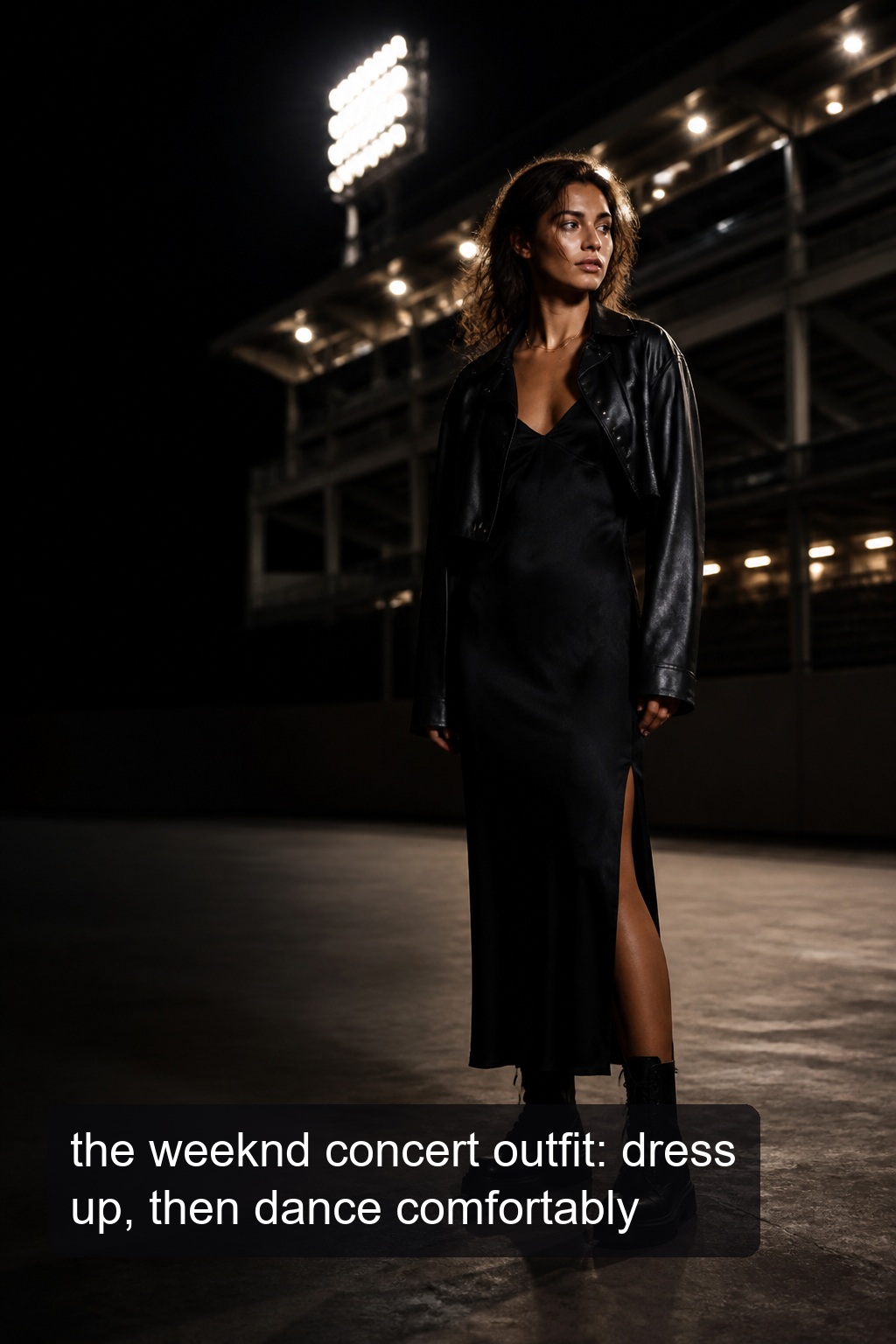 the weeknd concert outfit with a black slip dress and flat combat boots