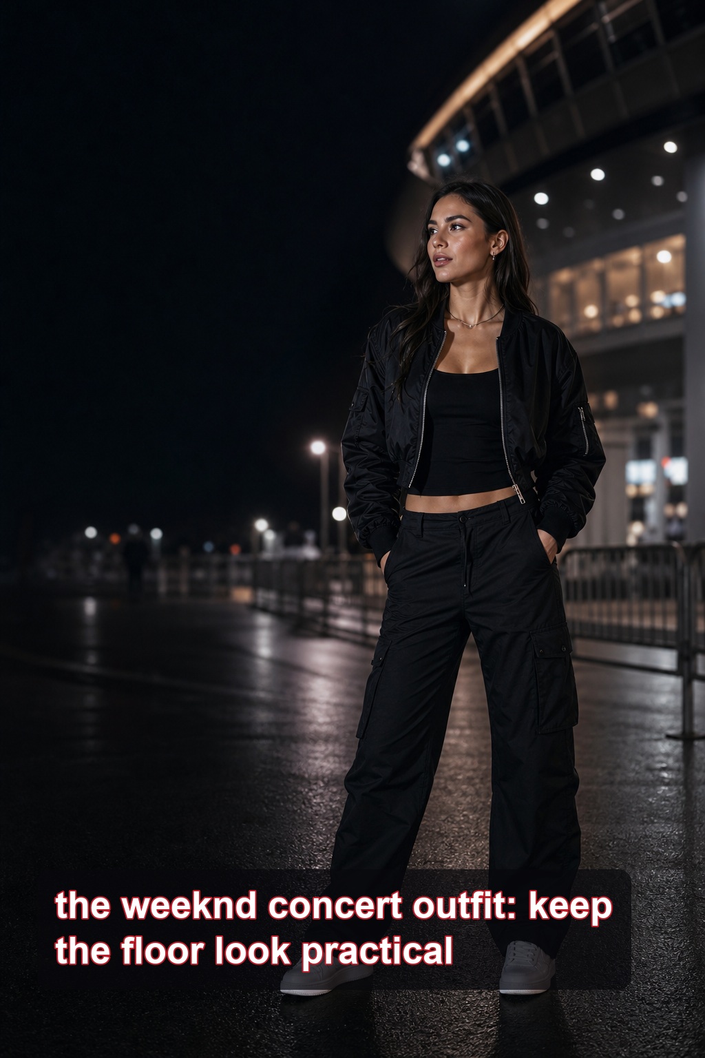 the weeknd concert outfit with black cargo pants, a tank, and bomber jacket