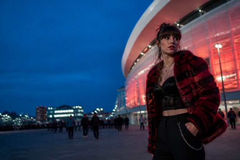 the weeknd concert outfit in red and black outside a glowing arena