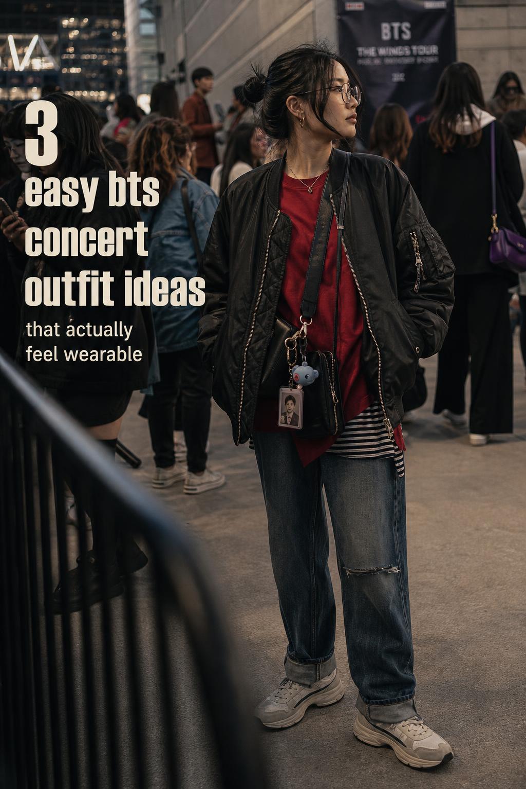 Adult in a wearable bts concert outfit waiting in a crowded arena concourse with moody evening light and text overlay