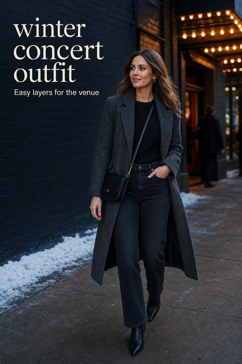 Winter concert outfit with black knit and jeans