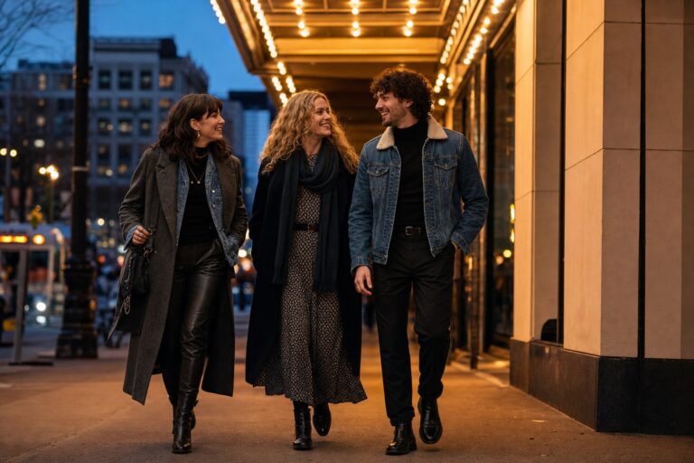 Winter concert outfit ideas on a city street
