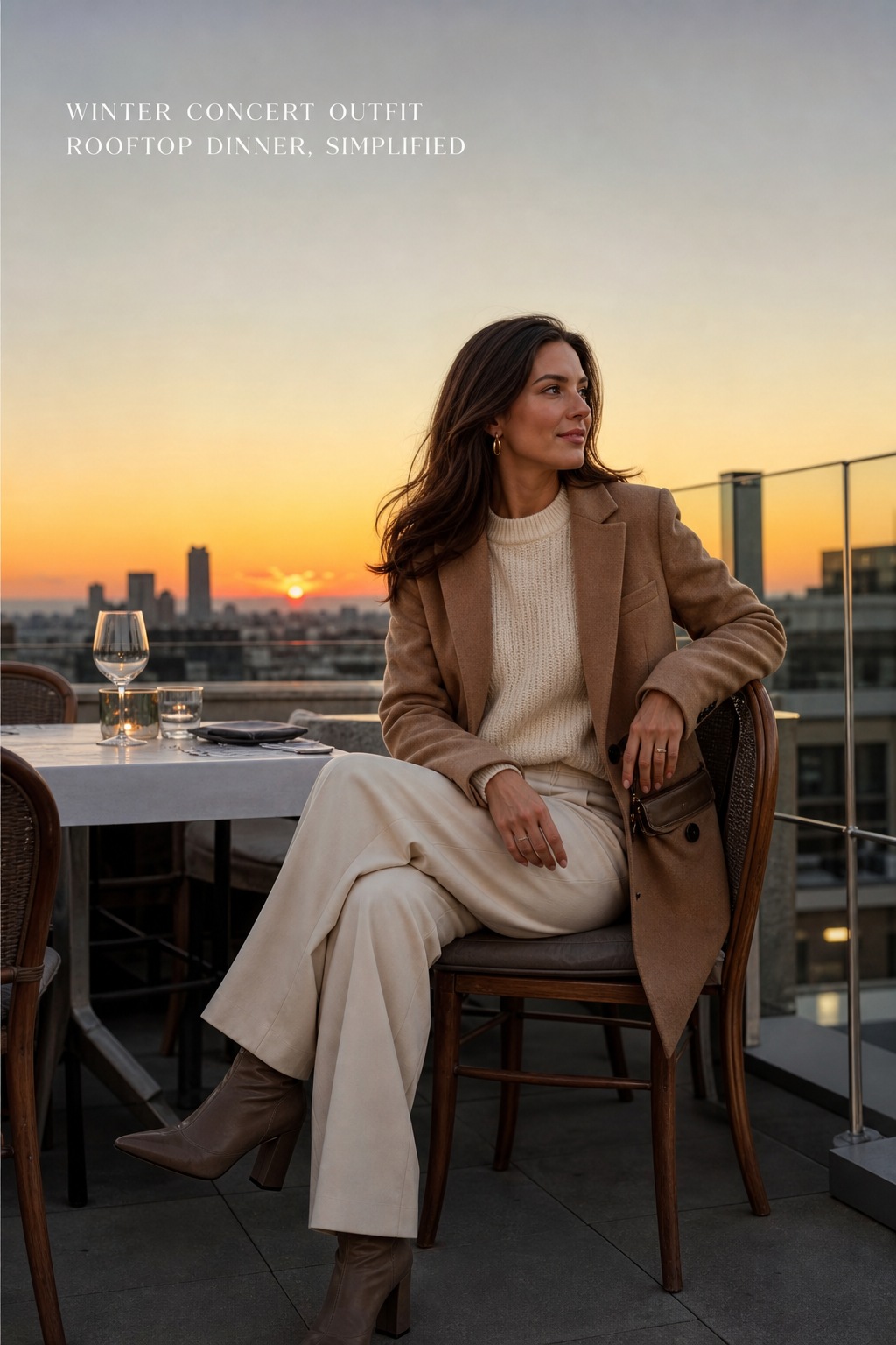 Winter concert outfit with blazer for rooftop dinner