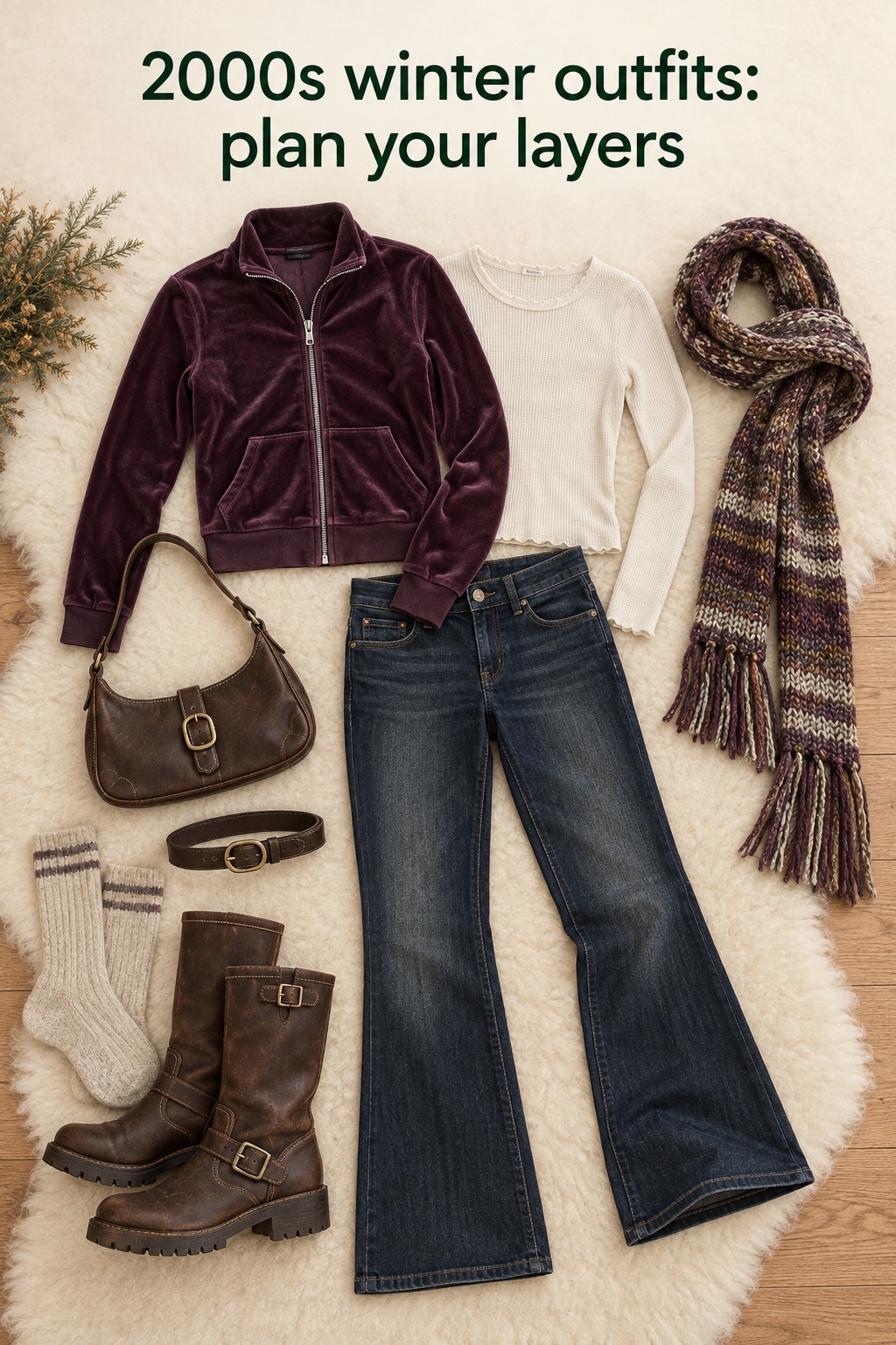 2000s winter outfits flatlay with velour, bootcut denim, scarf, and boots