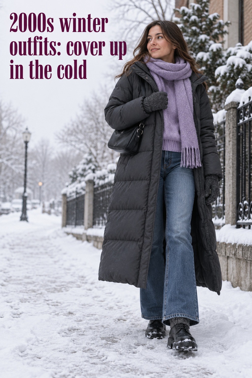 2000s winter outfits in freezing weather with long puffer, scarf, and jeans