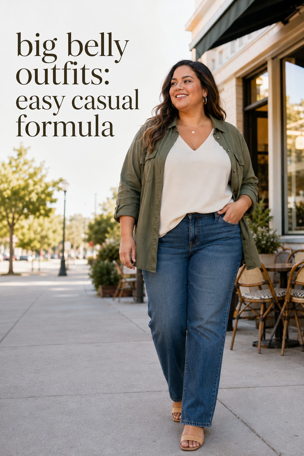 big belly outfits with a fluid V-neck blouse, straight jeans, and an open olive shirt jacket