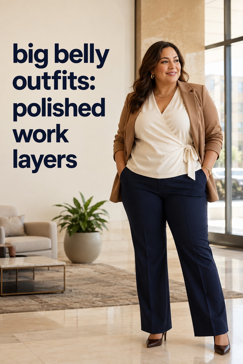 big belly outfits with a soft wrap blouse, navy trousers, and an open camel blazer in an office