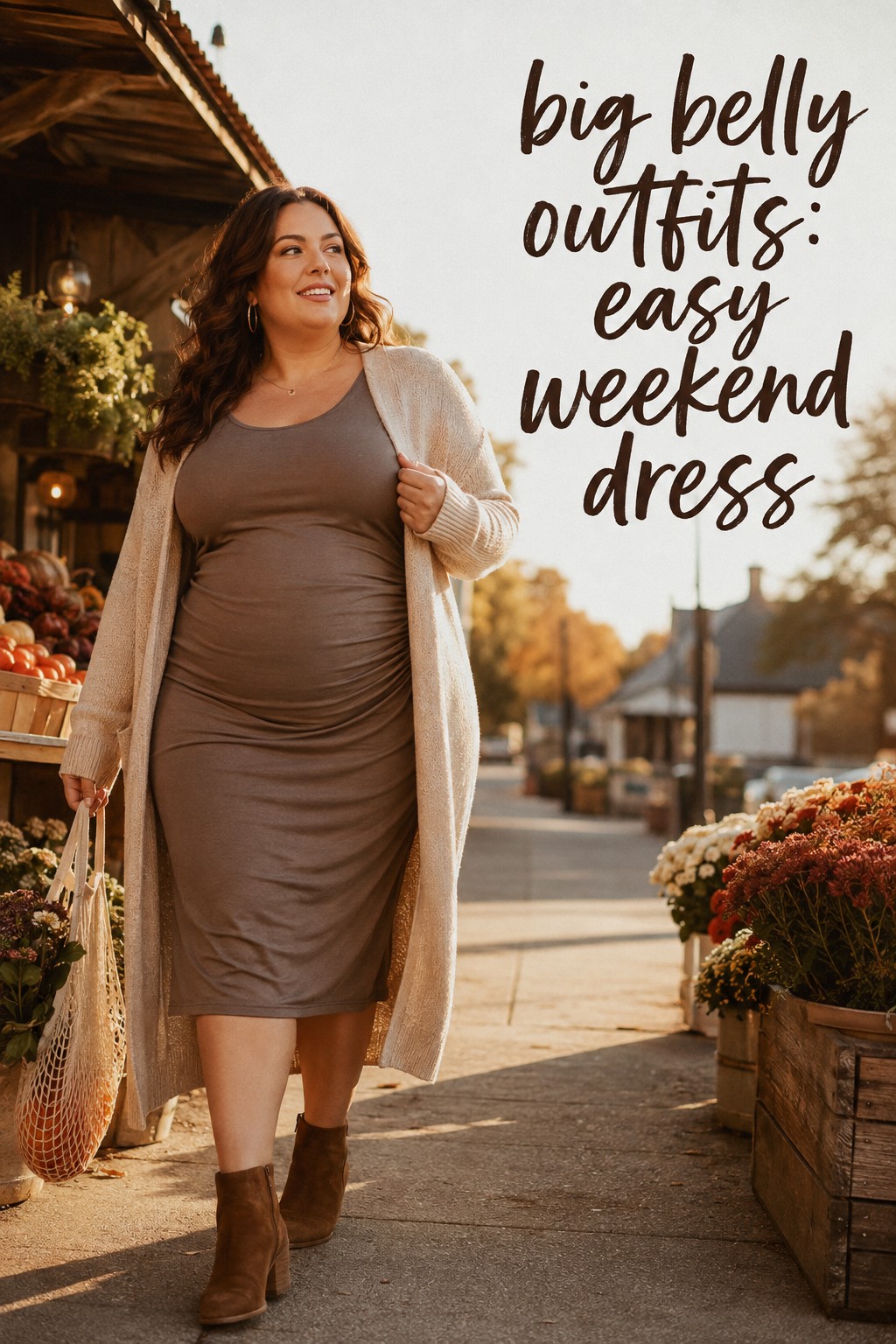 big belly outfits with a monochrome column dress, long cardigan, and ankle boots at a weekend market