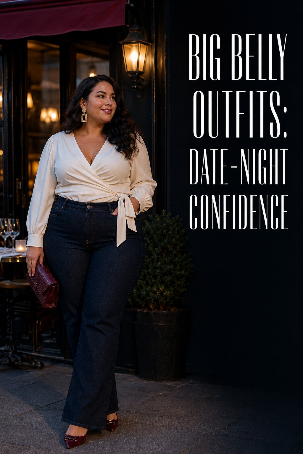 big belly outfits with a faux-wrap top, dark bootcut jeans, pointed flats, and statement earrings