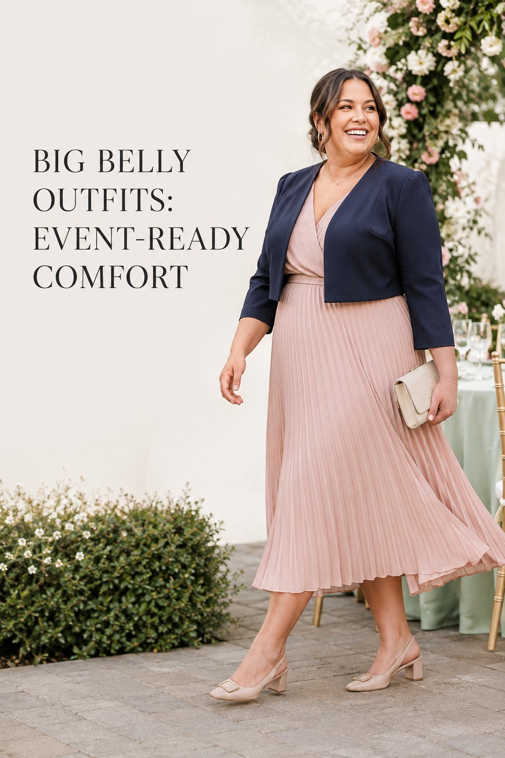 big belly outfits with a pleated midi dress, cropped navy jacket, and low block heels at a garden event