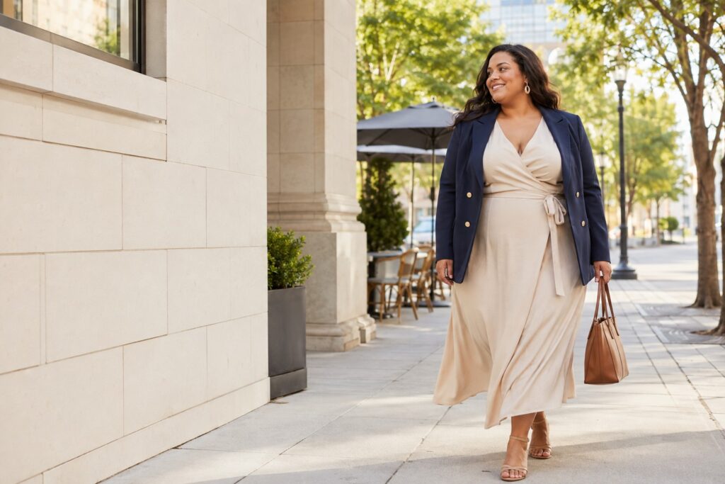 big belly outfits with a flowing wrap dress and open navy blazer on a bright city street