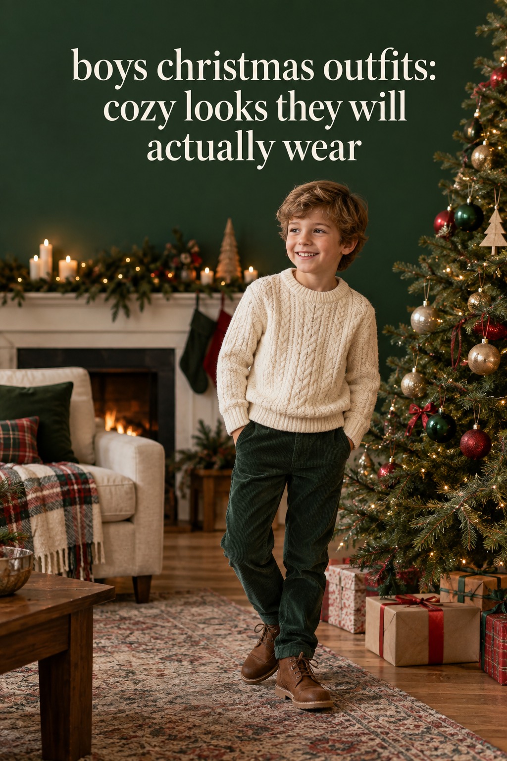 boys christmas outfits with a cream cable knit, green trousers, and brown boots