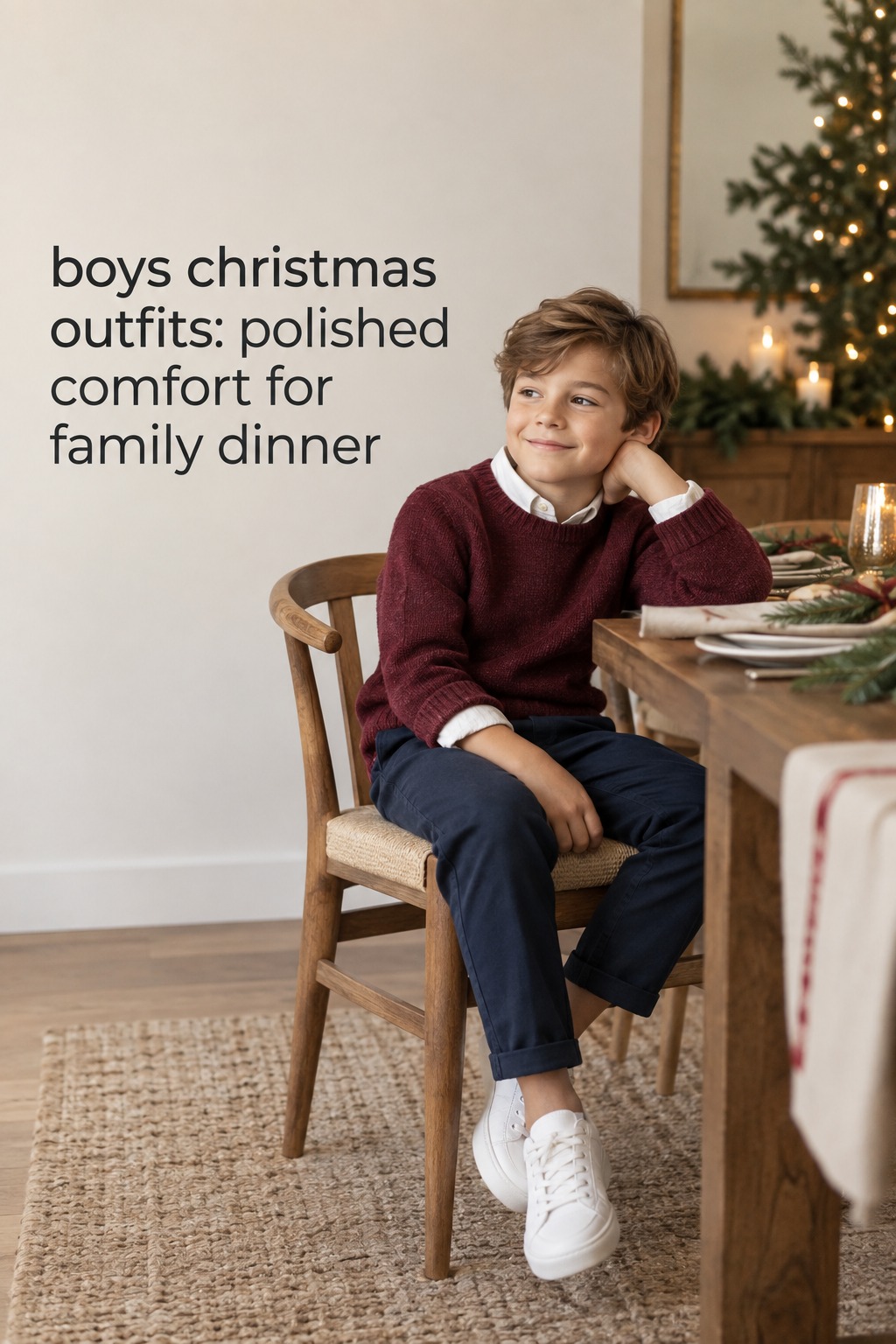 boys christmas outfits with burgundy sweater, oxford shirt, navy chinos, and white sneakers