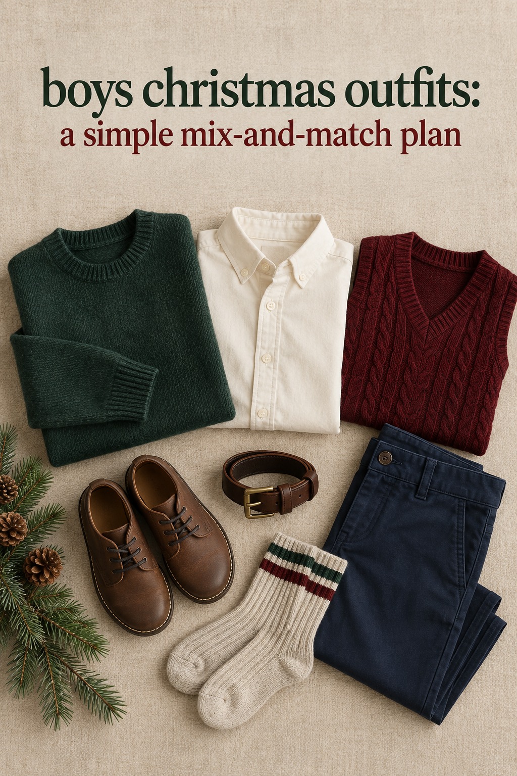 boys christmas outfits flatlay with green sweater, cream shirt, burgundy vest, navy chinos, belt, socks, and shoes
