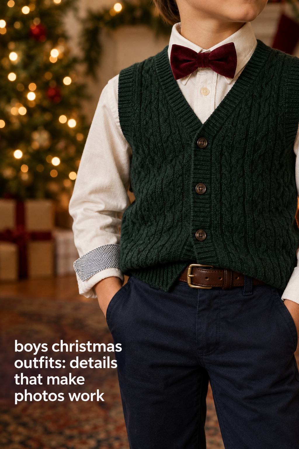boys christmas outfits close-up with green knit vest, cream shirt, burgundy bow tie, belt, and navy trousers