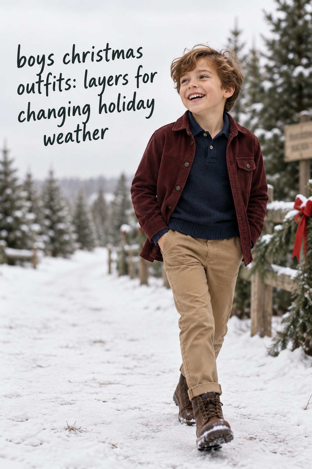 boys christmas outfits with navy knit polo, burgundy corduroy overshirt, tan chinos, and winter boots