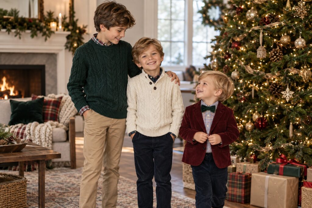 boys christmas outfits with coordinated cream, green, burgundy, navy, and tan holiday layers
