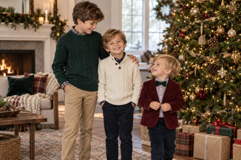 boys christmas outfits with coordinated cream, green, burgundy, navy, and tan holiday layers