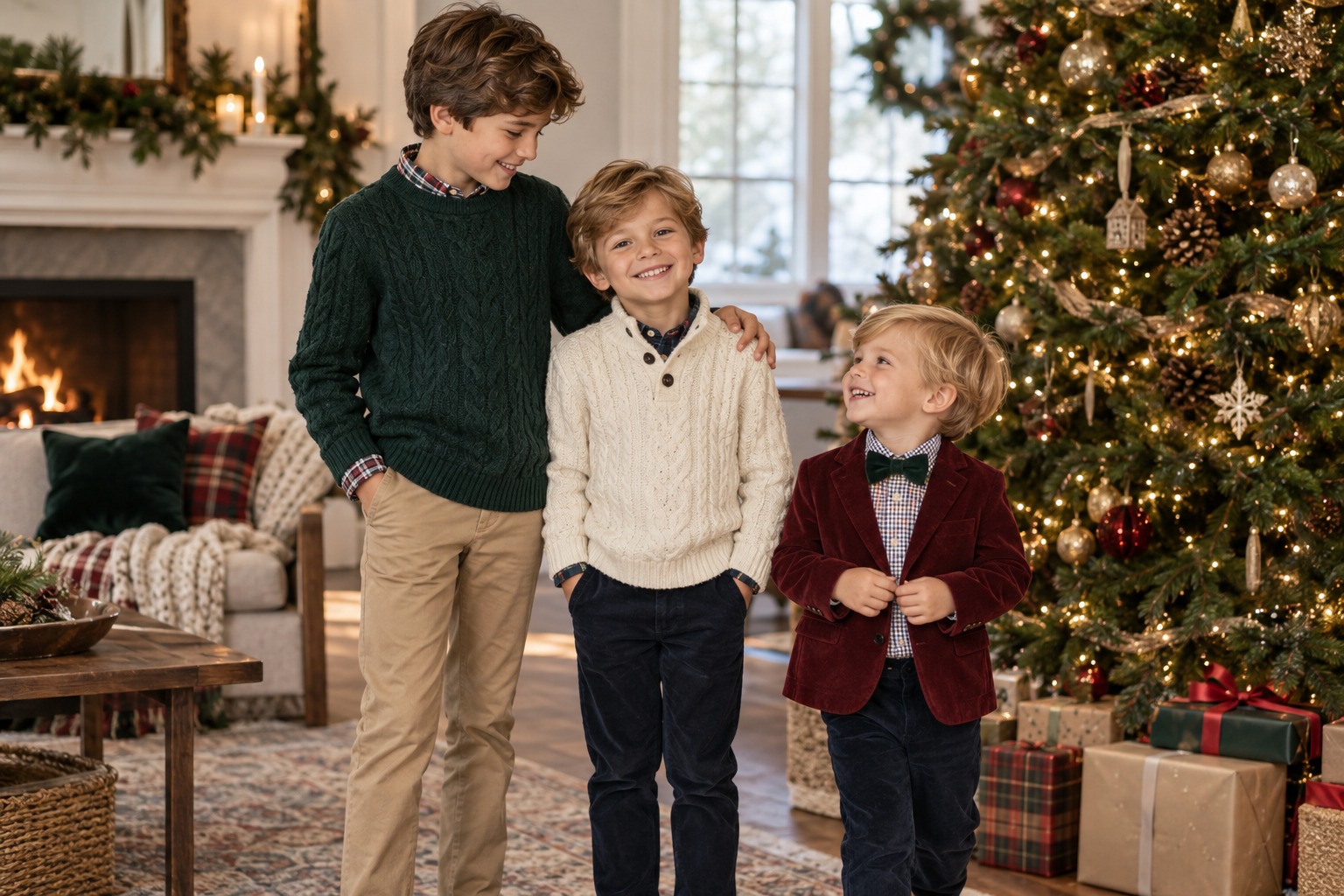 boys christmas outfits with coordinated cream, green, burgundy, navy, and tan holiday layers