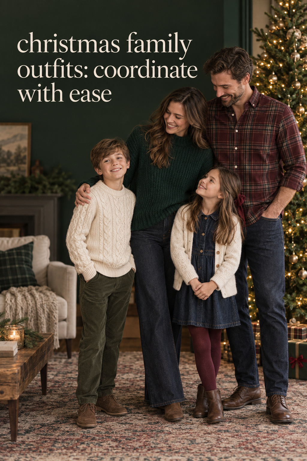 christmas family outfits in pine, cream, and plaid for a living room photo