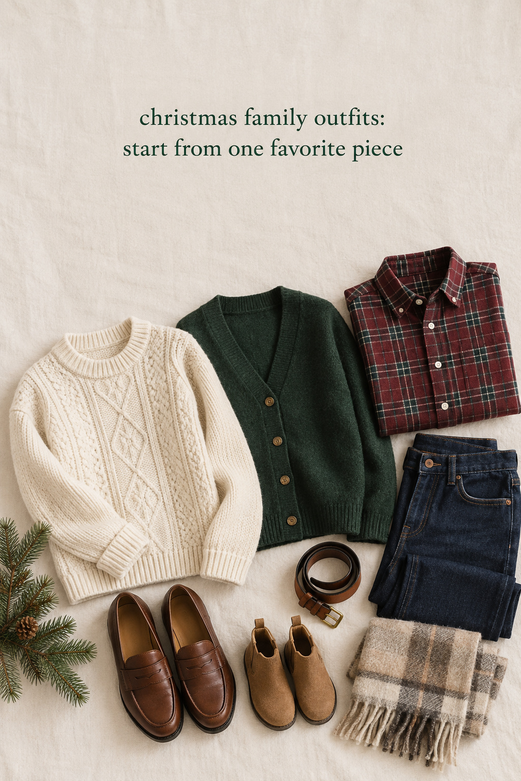 christmas family outfits flatlay in cream pine green burgundy plaid and denim