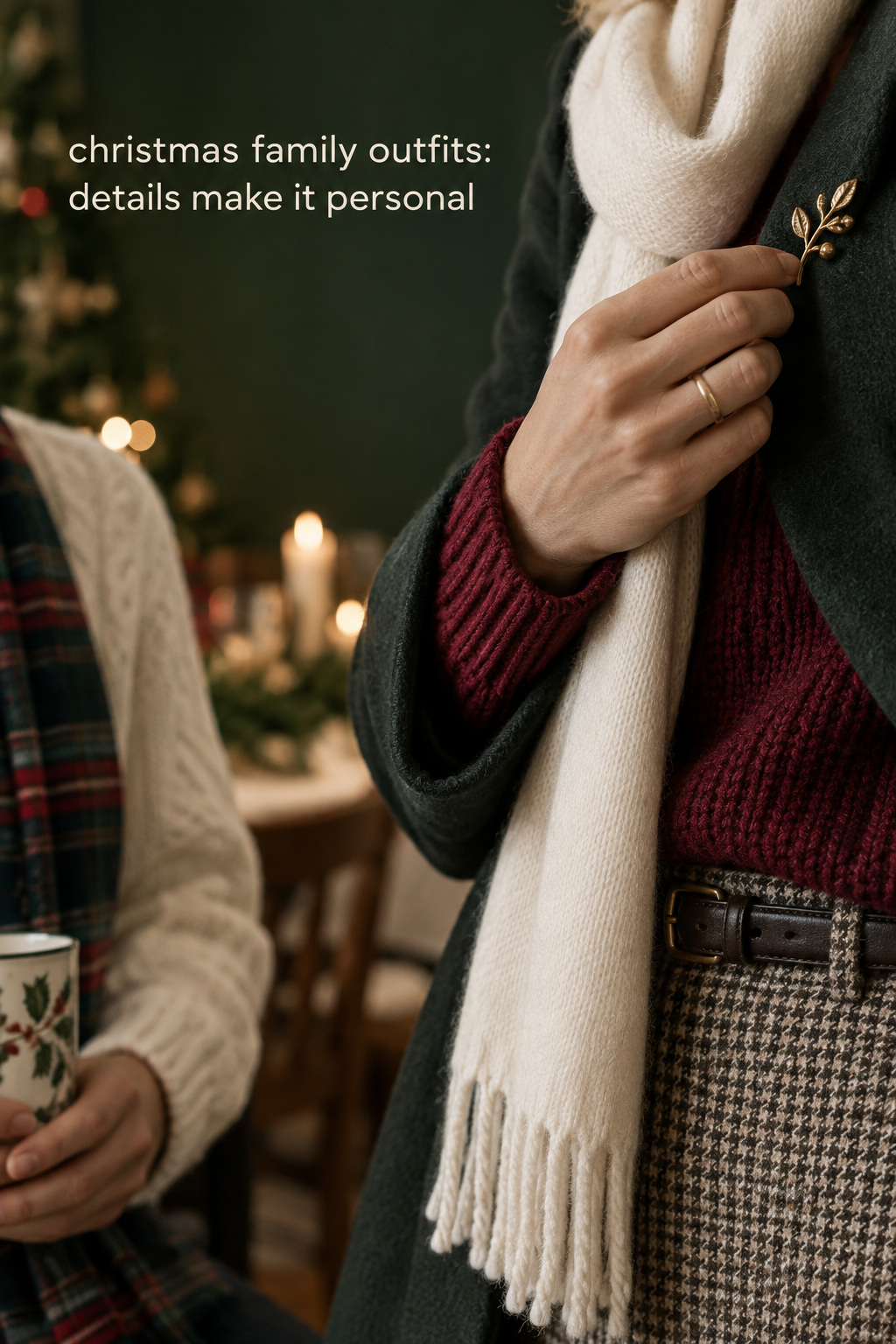 christmas family outfits close-up with cranberry knit cream scarf and brooch
