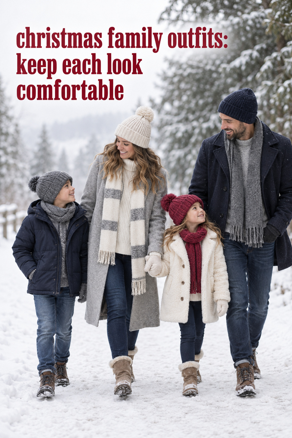 christmas family outfits for a snowy outdoor portrait in navy cream and berry layers
