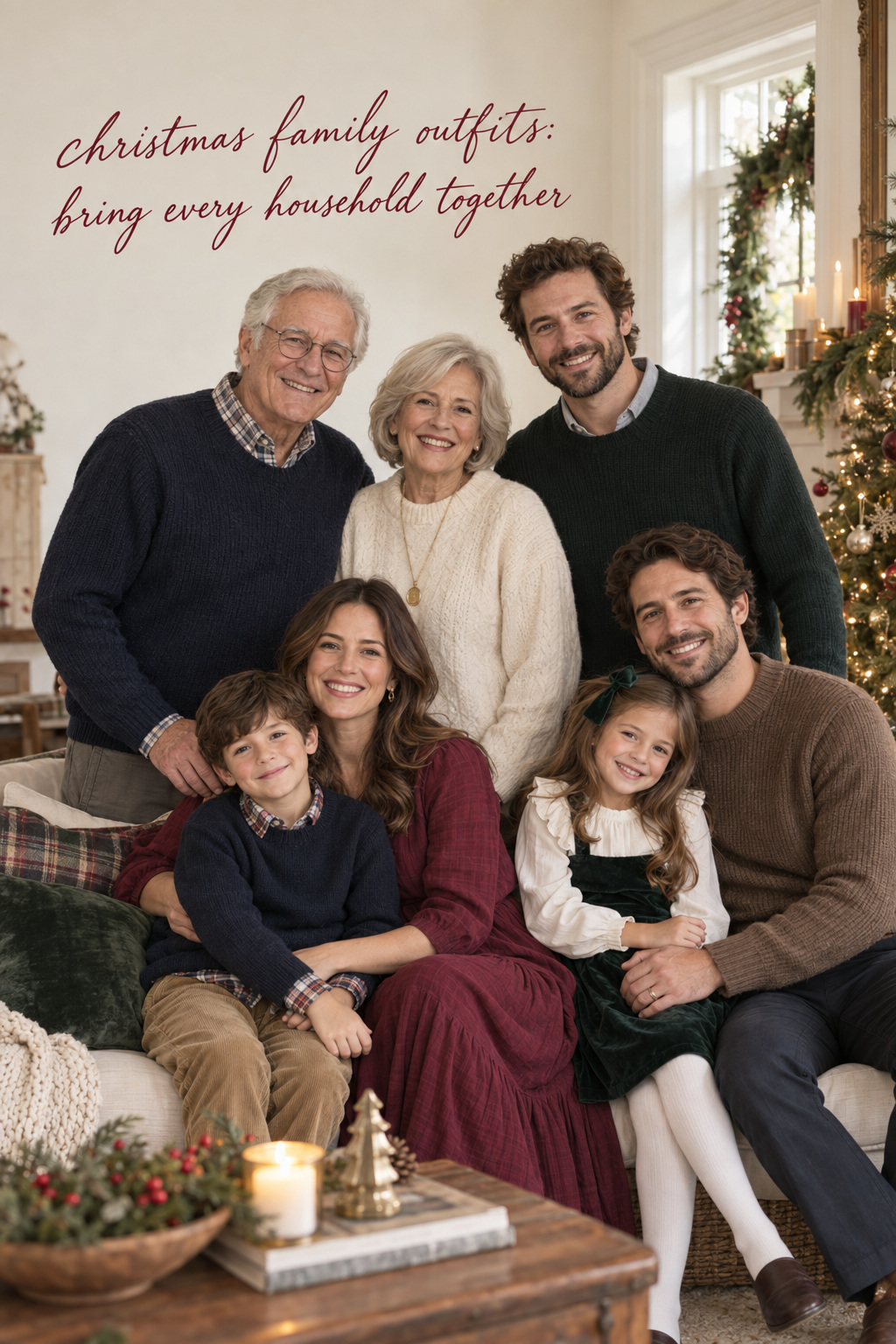 christmas family outfits for an extended family in navy cream brown and berry