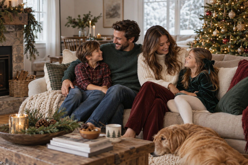 family relaxing together in coordinated Christmas outfits beside a tree
