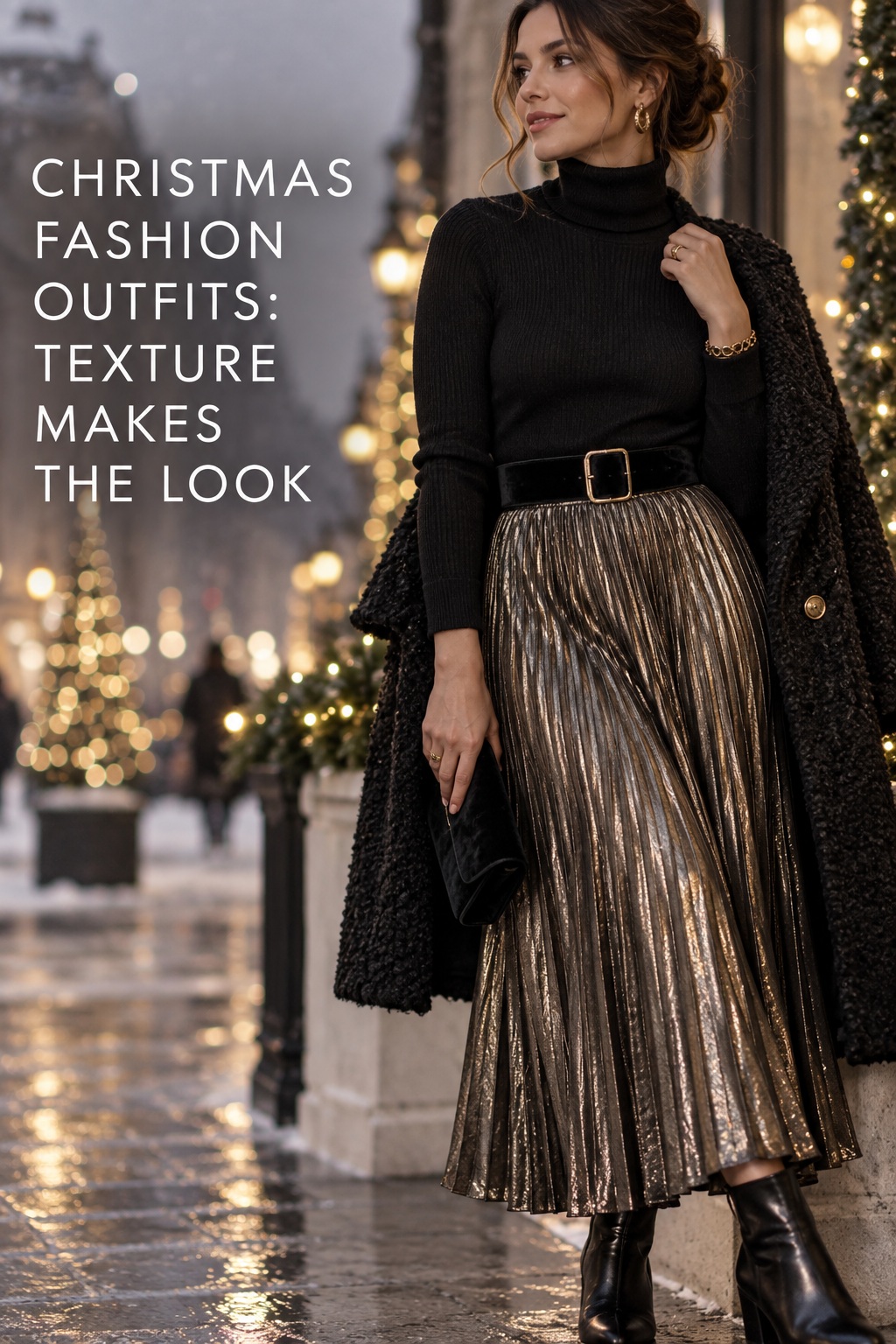 christmas fashion outfits with a black turtleneck and metallic pleated skirt