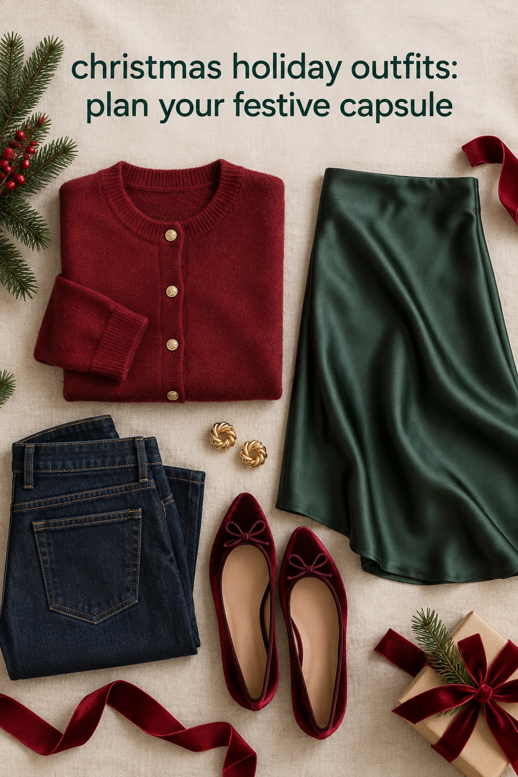 christmas holiday outfits festive capsule with a cranberry cardigan, satin skirt, and denim