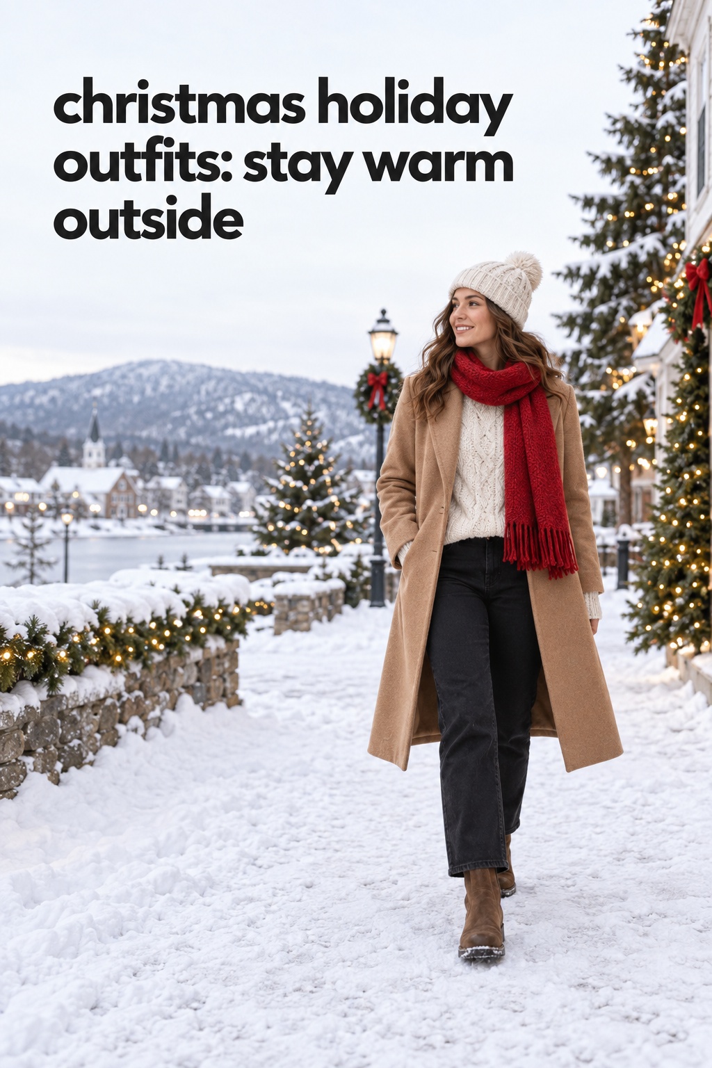 christmas holiday outfits for a winter walk with a camel coat and red scarf