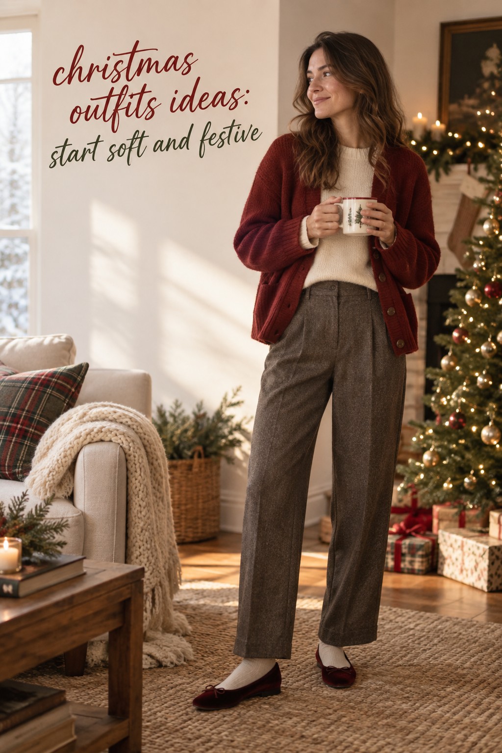 christmas outfits ideas for a soft morning with a red cardigan and tailored trousers