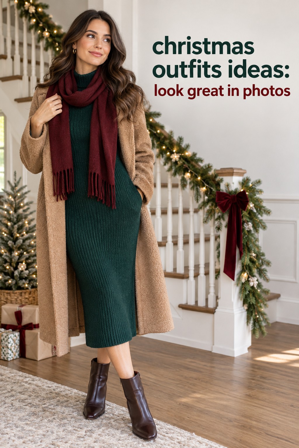 christmas outfits ideas for family photos with an emerald knit dress and camel coat