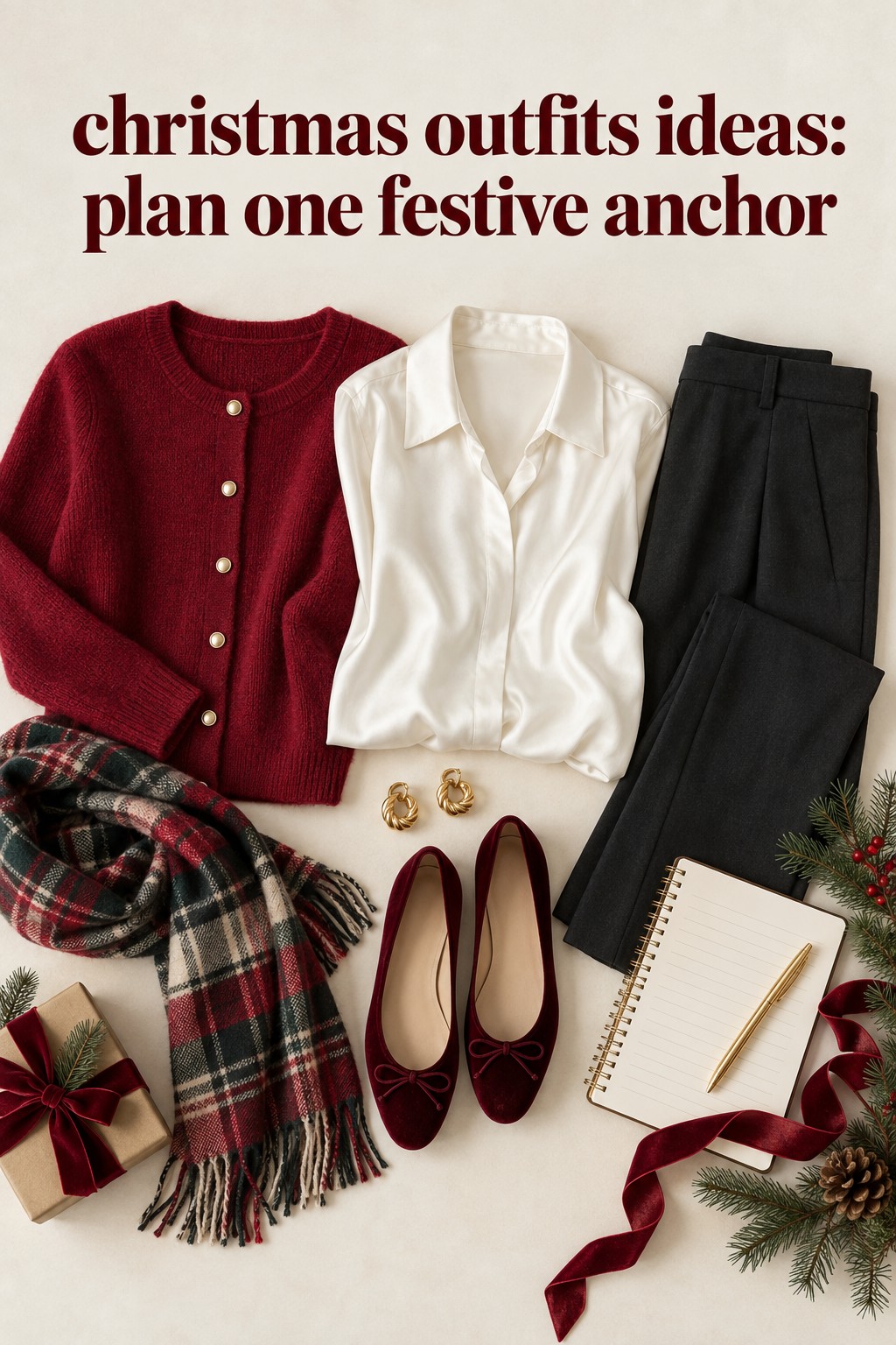 christmas outfits ideas flatlay with a red cardigan, satin blouse, trousers, scarf, and flats