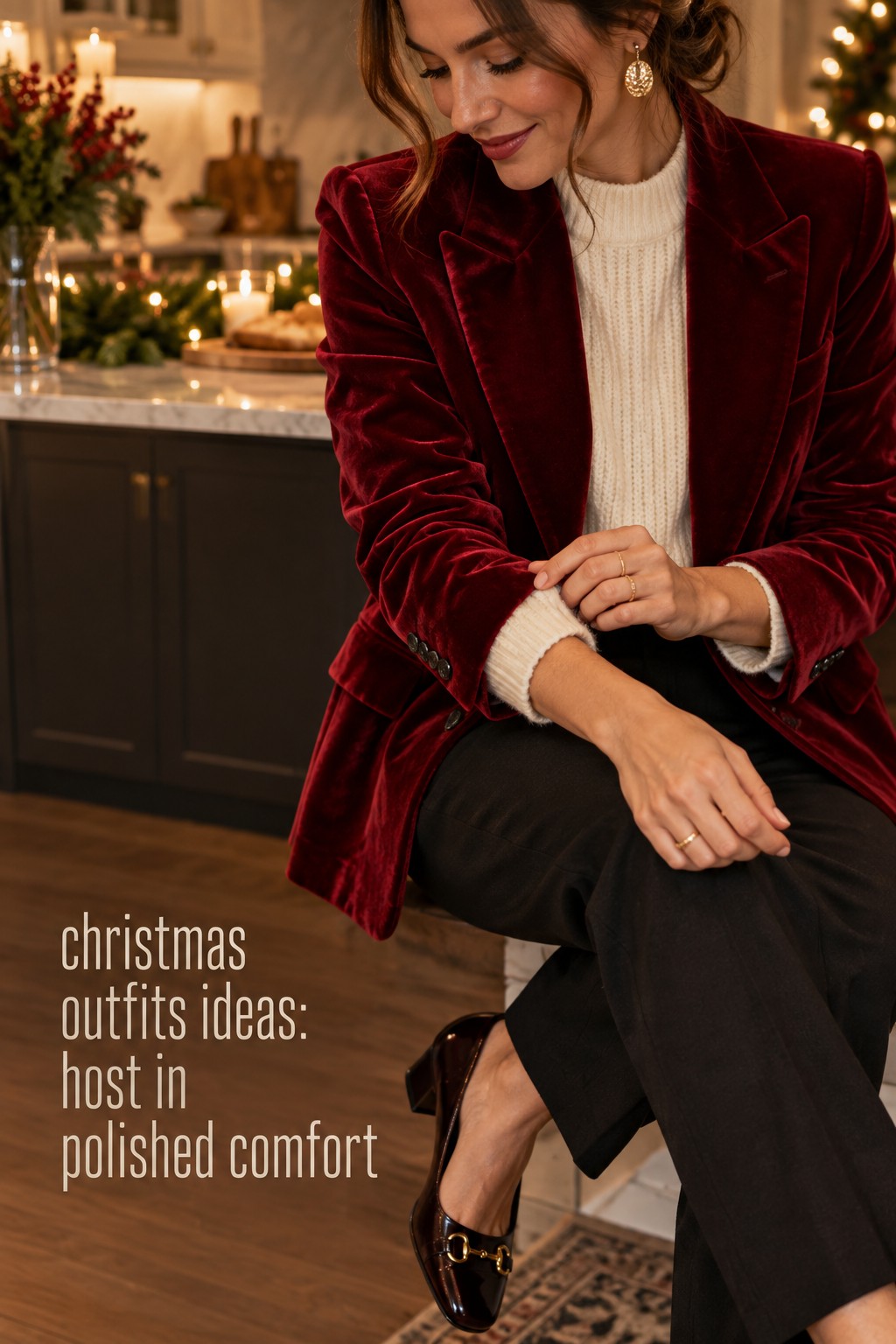 christmas outfits ideas for hosting with a red velvet blazer and ivory knit