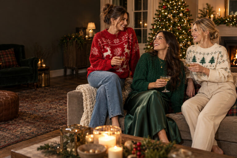 christmas sweater outfits with red, green, and cream sweaters at a holiday gathering