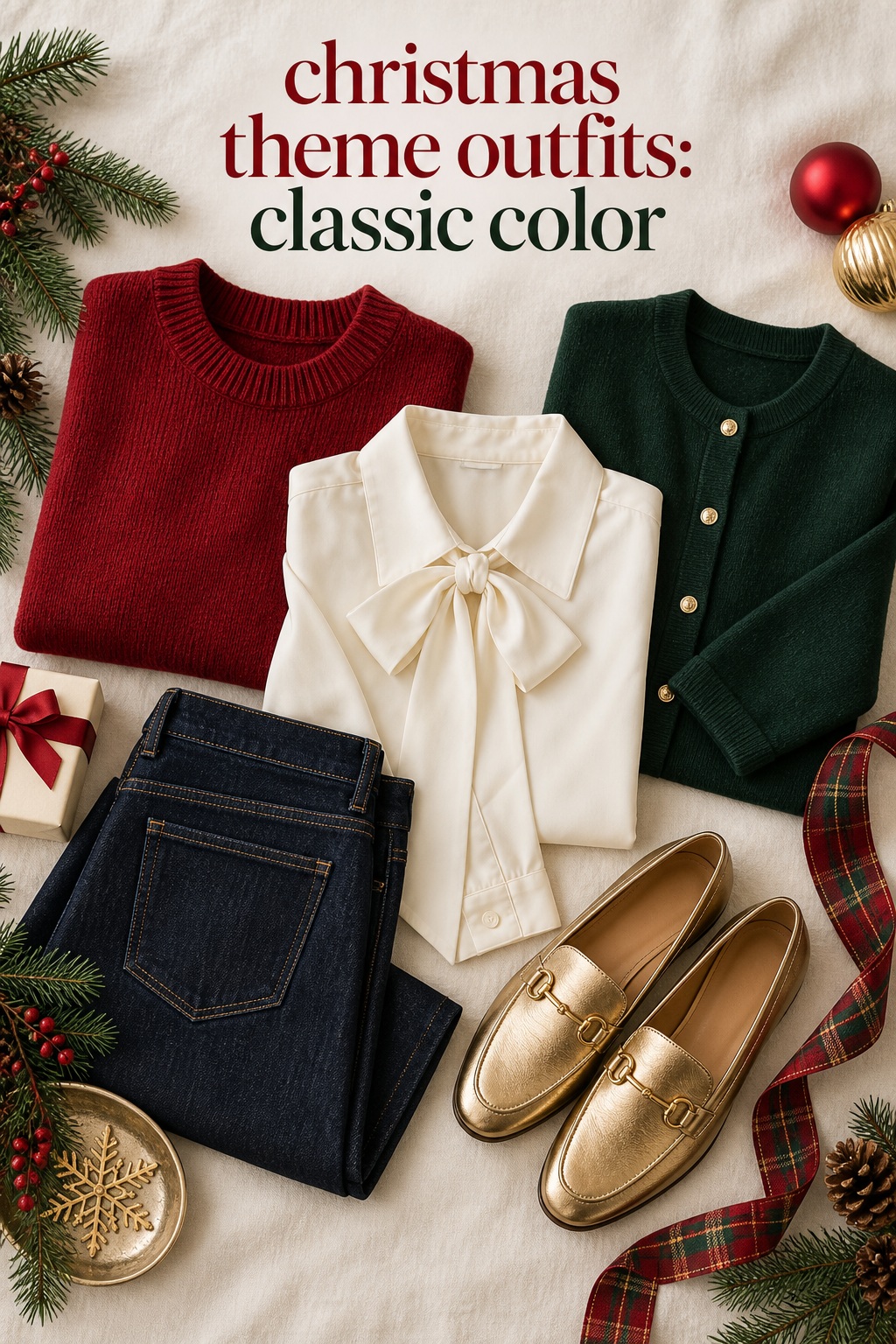 christmas theme outfits in classic red green and cream colors