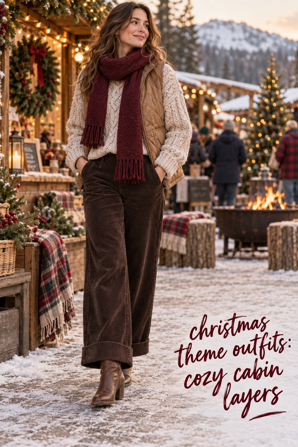 christmas theme outfits with a cable knit sweater and warm cabin layers